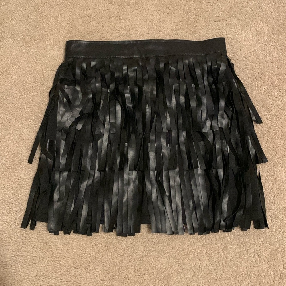 Black Faux Leather Fringe Mini Skirt